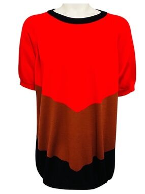 PLAN C RED / BROWN / BLACK COLORBLOCK COTTON KNIT SWEATER
